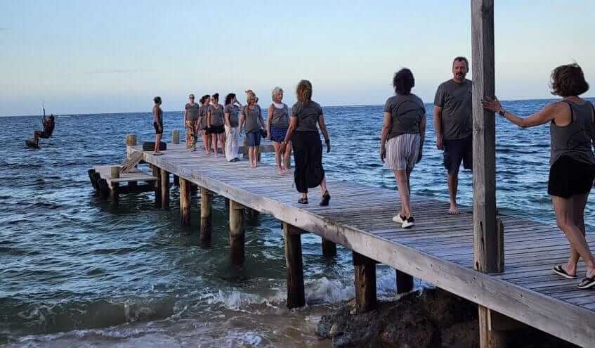 The group walking out along the dock at golden hour